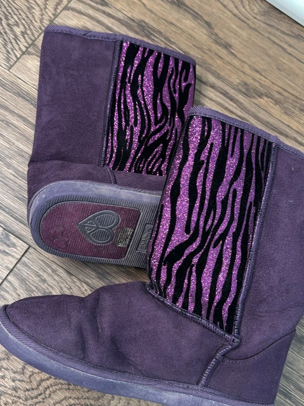 Girls Purple Glitter Zebra Suede Mid-Calf Boots !